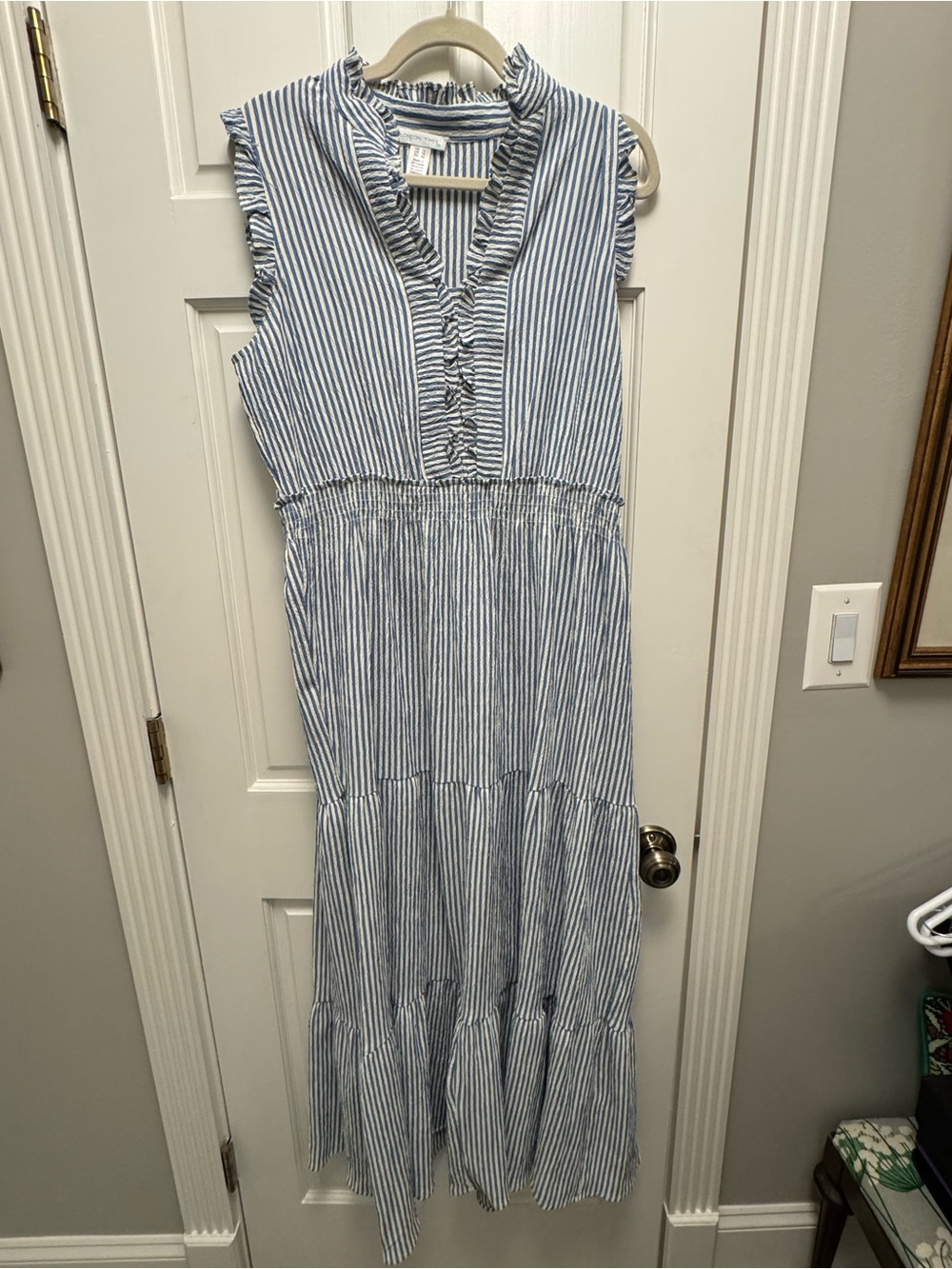 London Times Blue and White Striped Ruffle-Neck Maxi